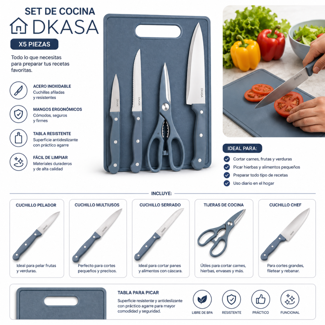 Set de Cocina Dkasa x5 Cuchillos Tijeras y Tabla