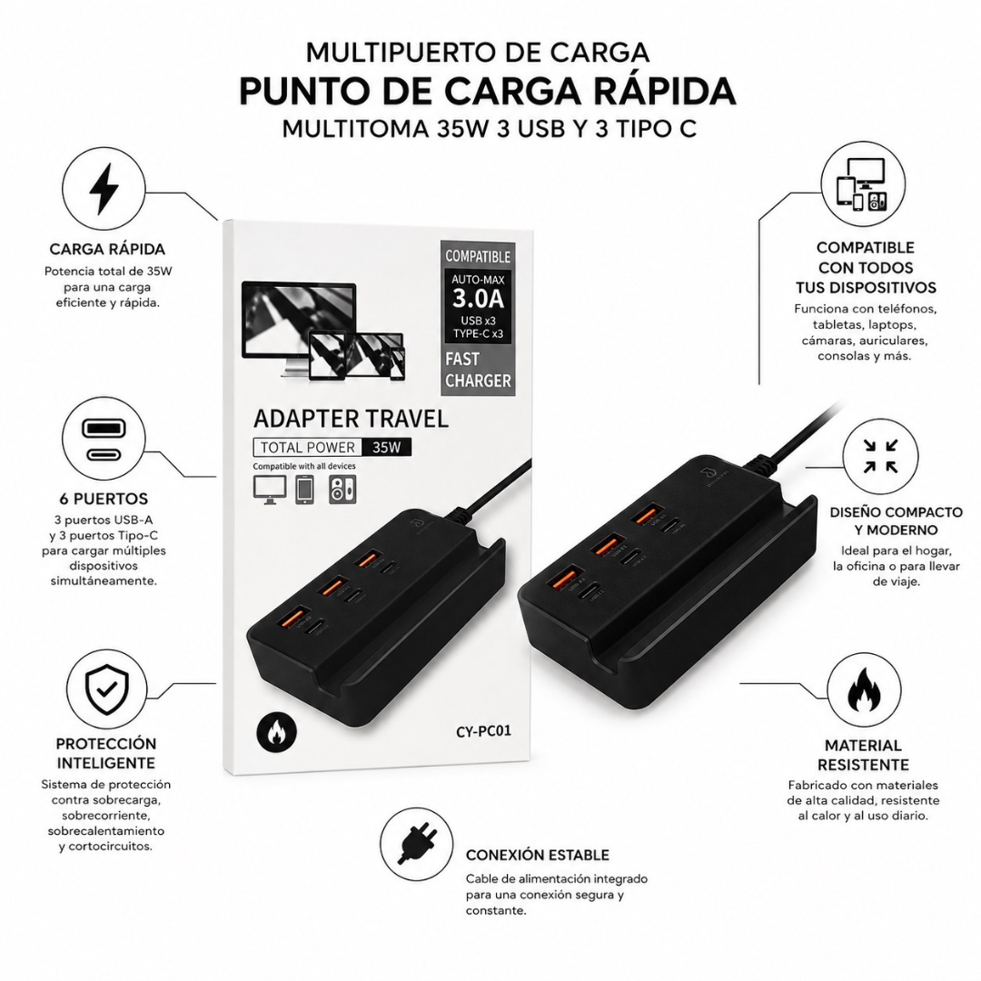 Multipuerto De Carga Punto De Carga Rápida Multitoma 35w 3 Usb Y 3 Tipo C