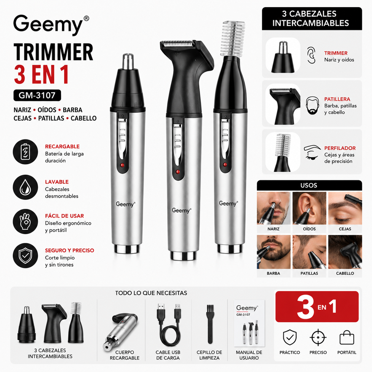 Trimmer 3 en 1 con patillera y depilador nasal