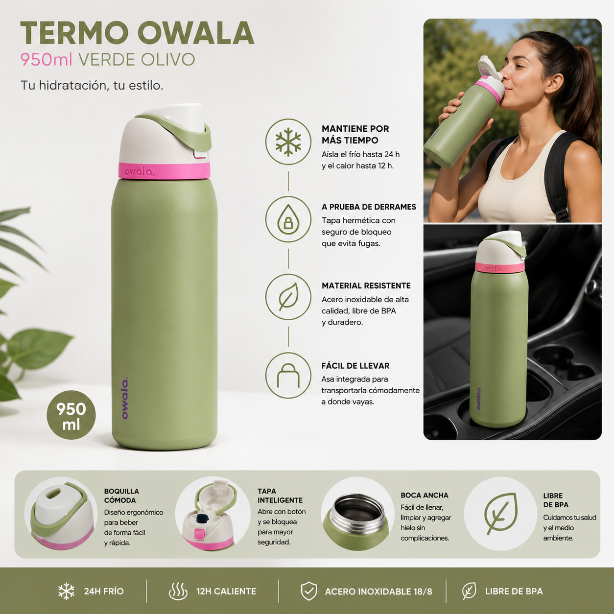 Termo Owala 950ml Verde Olivo Genérico