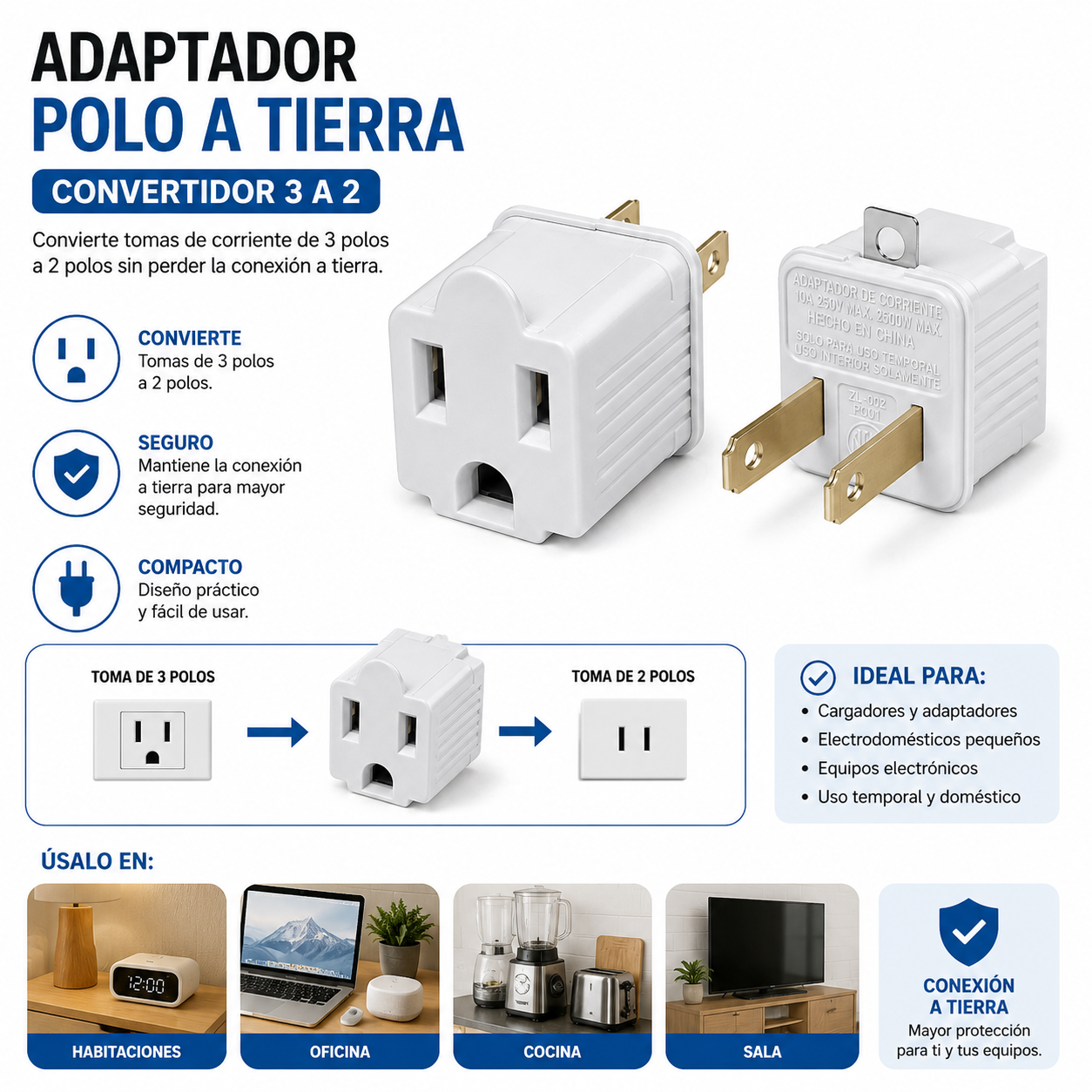 Adaptador Polo a Tierra Convertidor 3 a 2