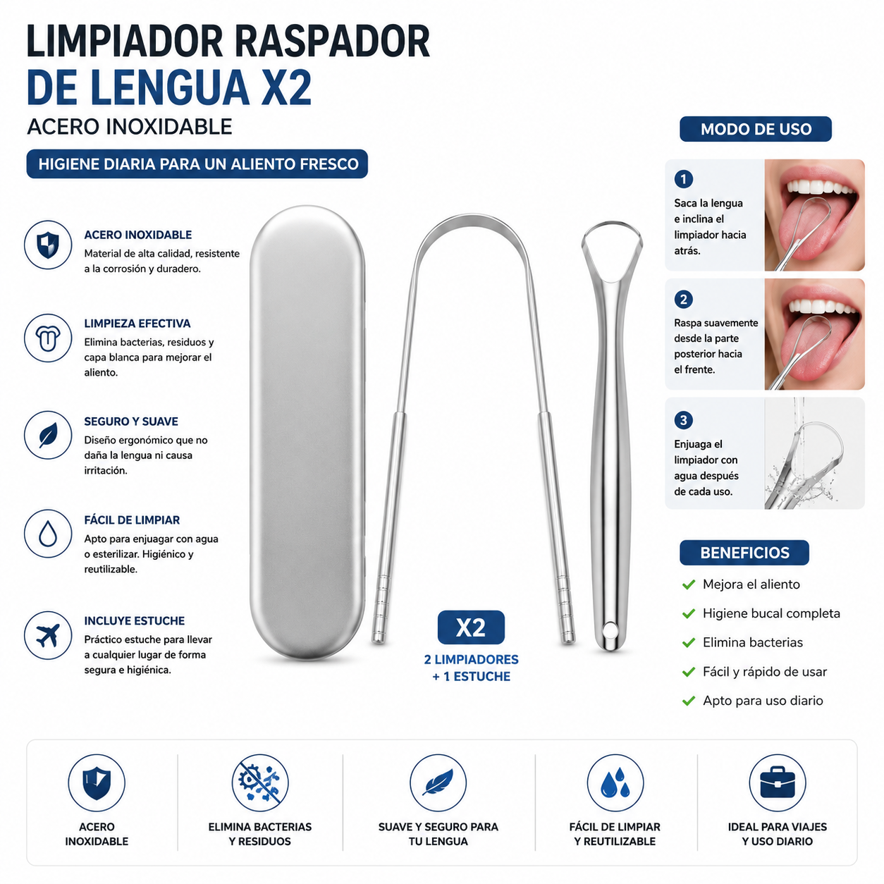 Limpiador Raspador de Lengua X2 Acero Inoxidable