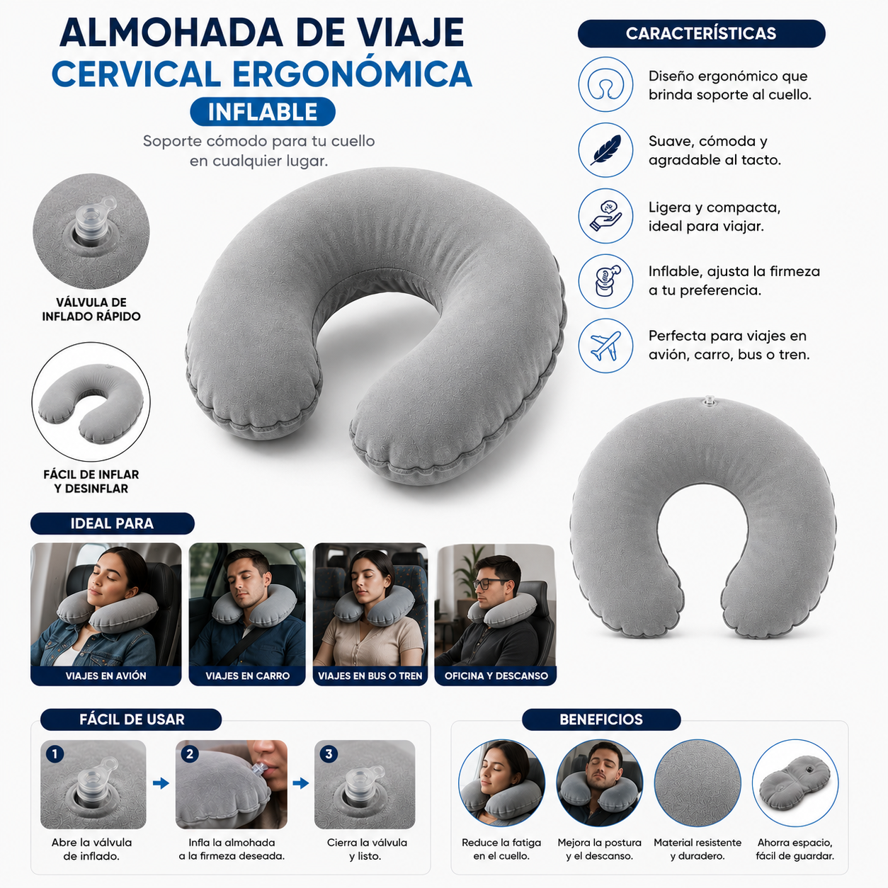 Almohada de Viaje Cervical Ergonómica Infable