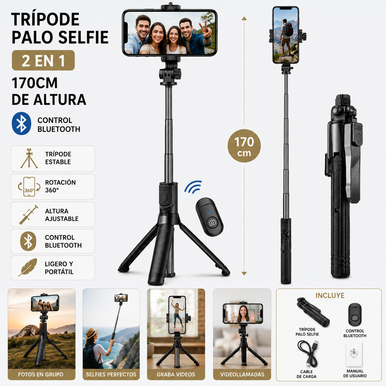 Trípode palo selfie 2 en 1 170cm de altura Con control Bluetooth