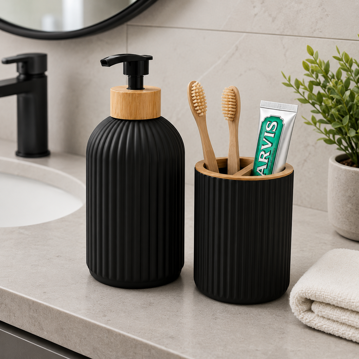 Set Baño Dispensador de Jabón y Portacepillos