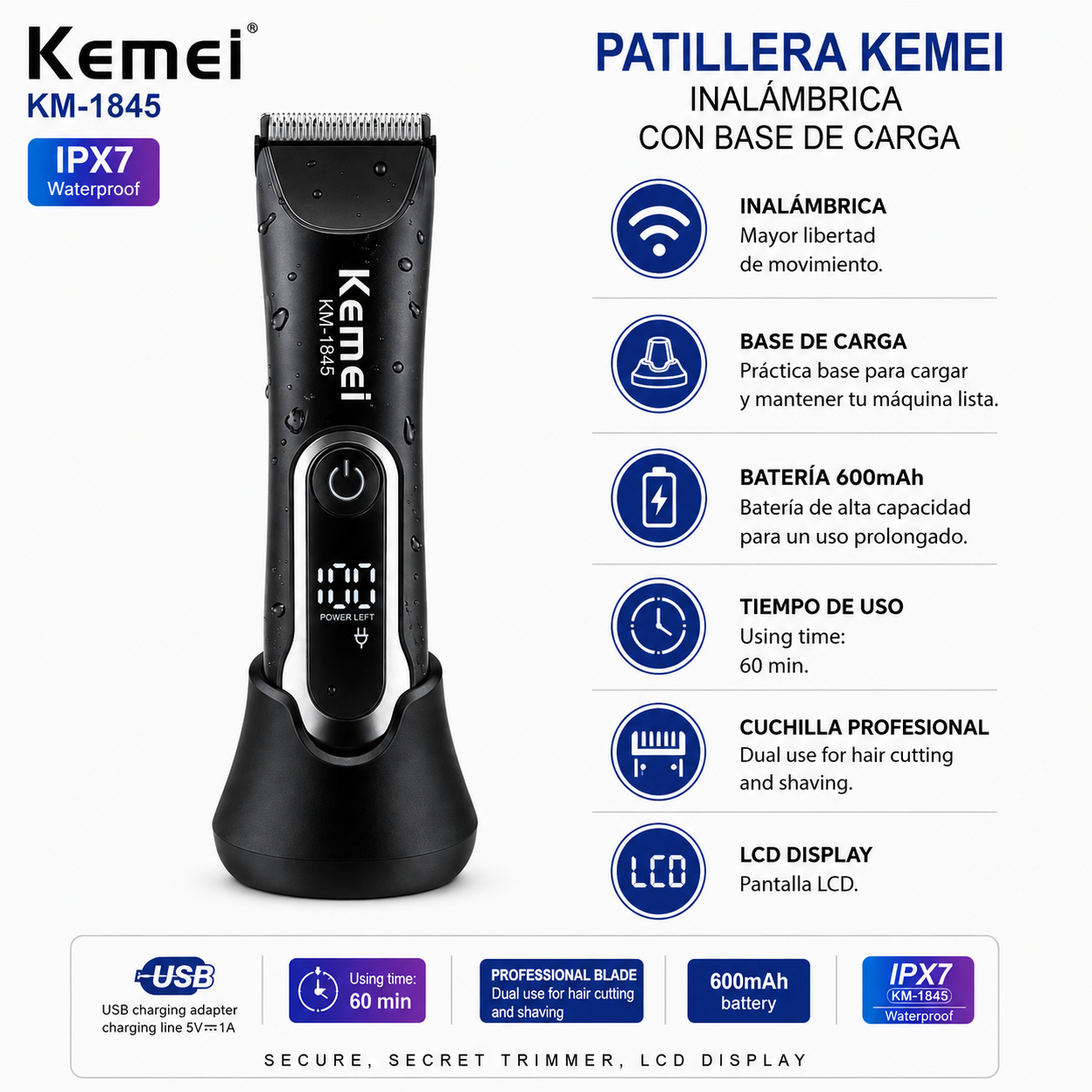 Patillera Kemei inalámbrica con base de carga