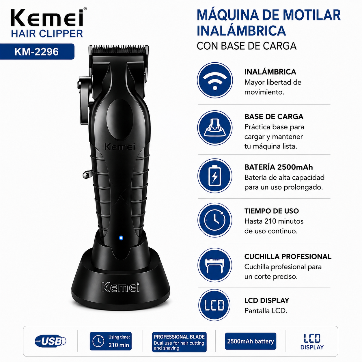 Máquina de motilar Kemei inalámbrica con base de Carga