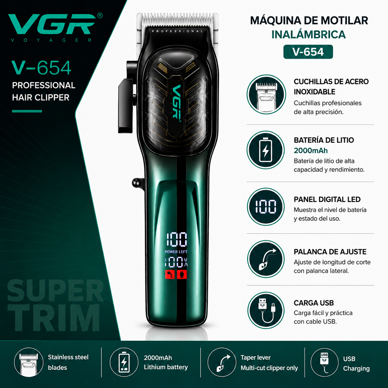 Máquina de motilar inalámbrica VGR con panel