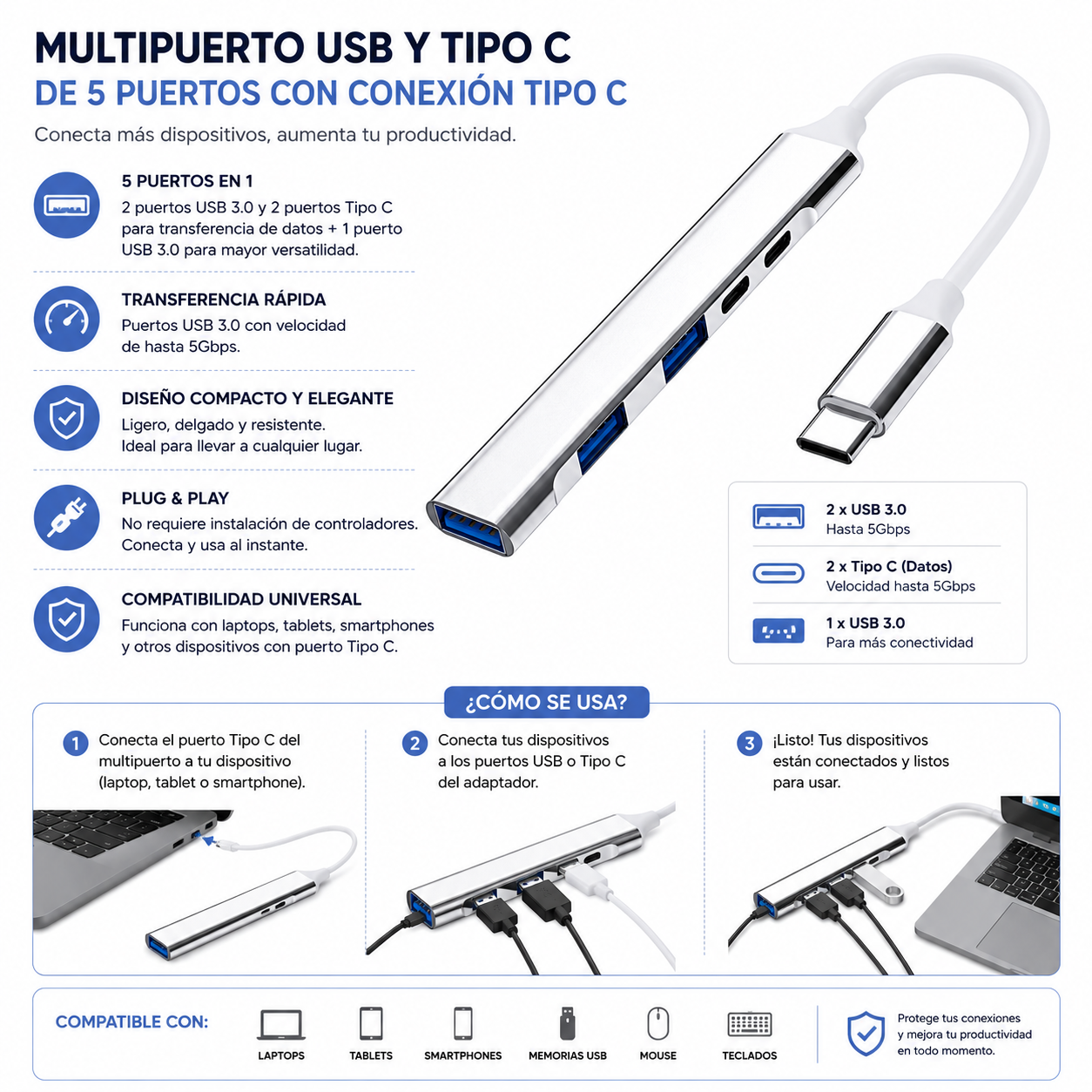 Multipuerto Usb y Tipo C de 5 Puertos con Conexión Tipo C