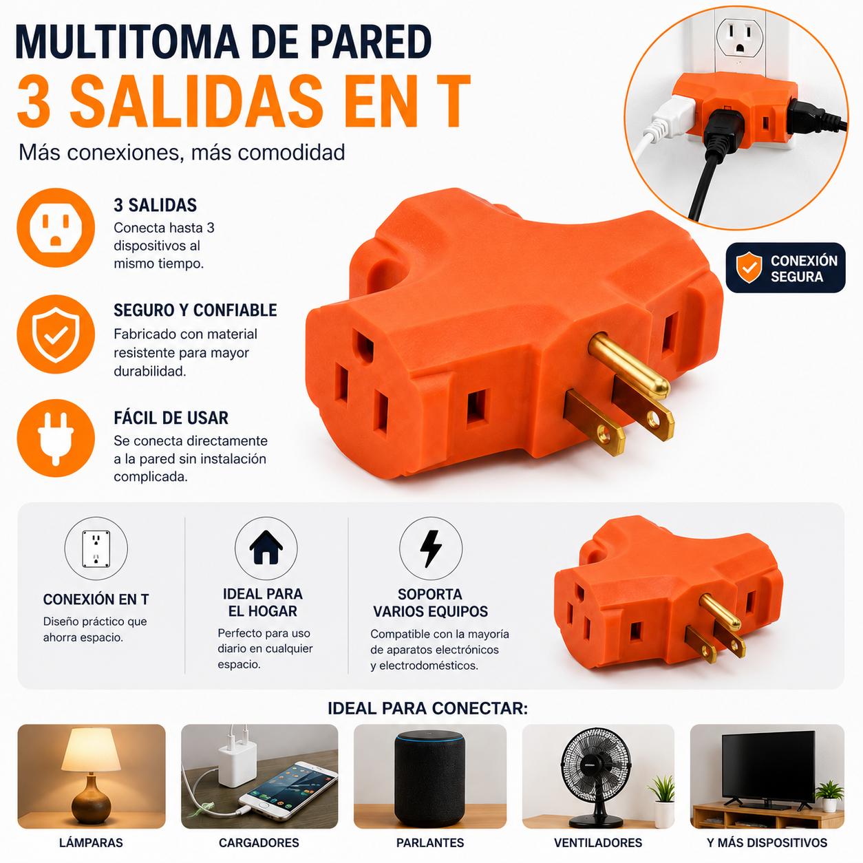 Multitoma de pared 3 Salidas en T
