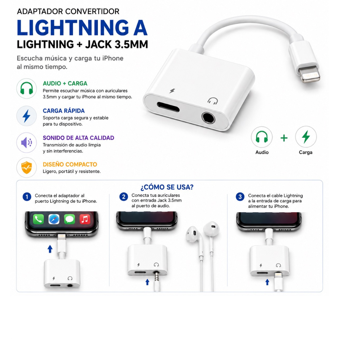Adaptador Convertidor Lightning a Lightning y Jack