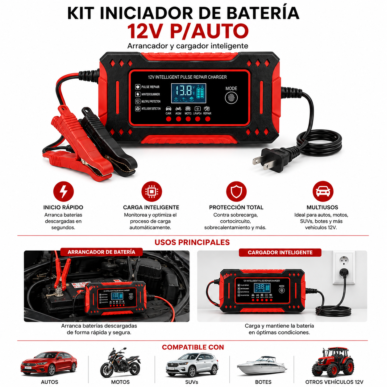 Kit Arrancador Iniciador de Batería 12V Carro Moto