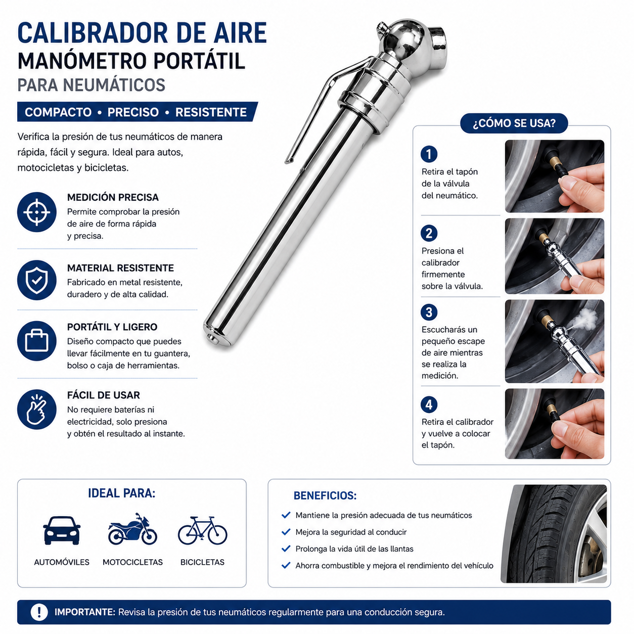 Calibrador de Aire Manómetro Portátil Neumáticos