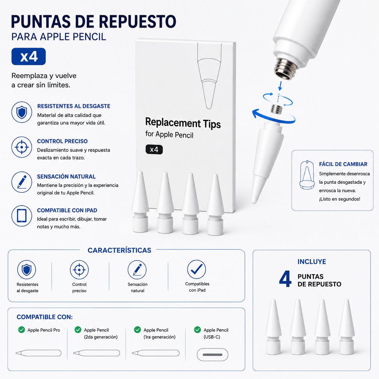 Puntas para Apple Pencil Reemplazo x4