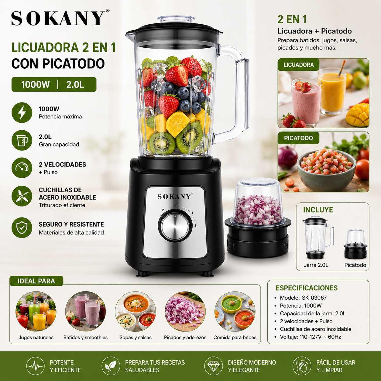 LICUADORA 2 en 1 Sokany con picatodo 1000w