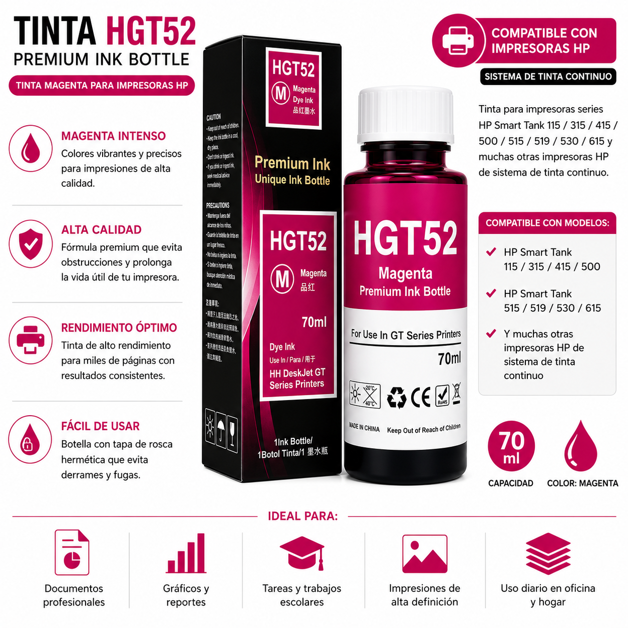 Tinta generica compatible con HP GT52(magenta) 70ml