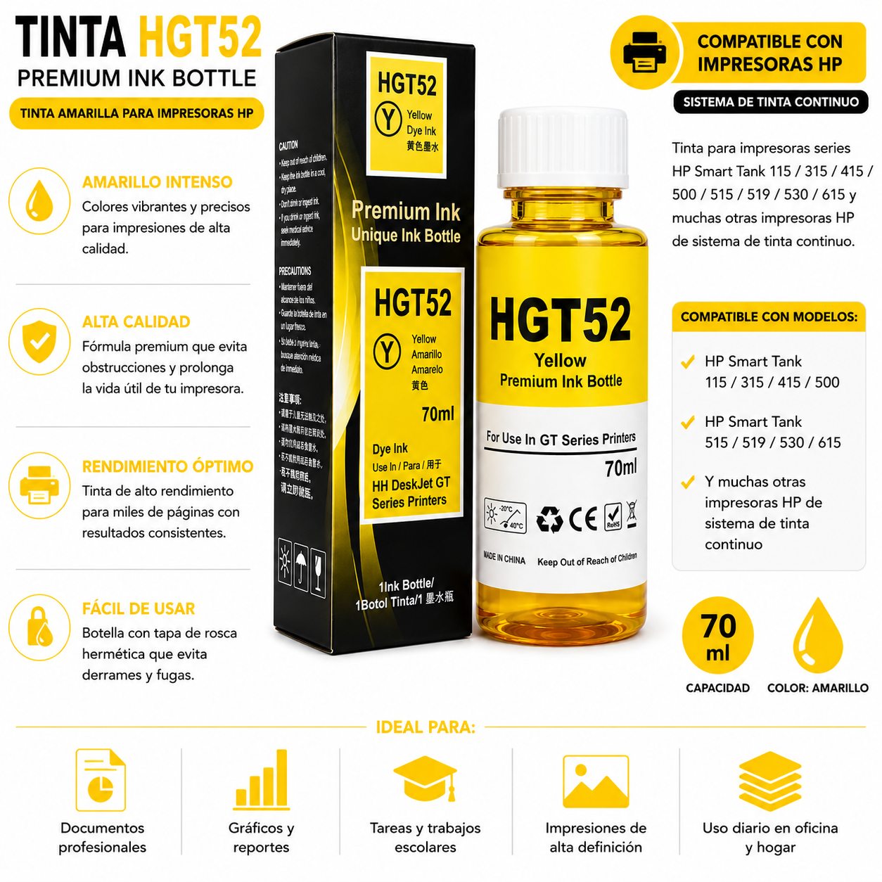 Tinta generica compatible con HP GT52(Amarilla) 70ml