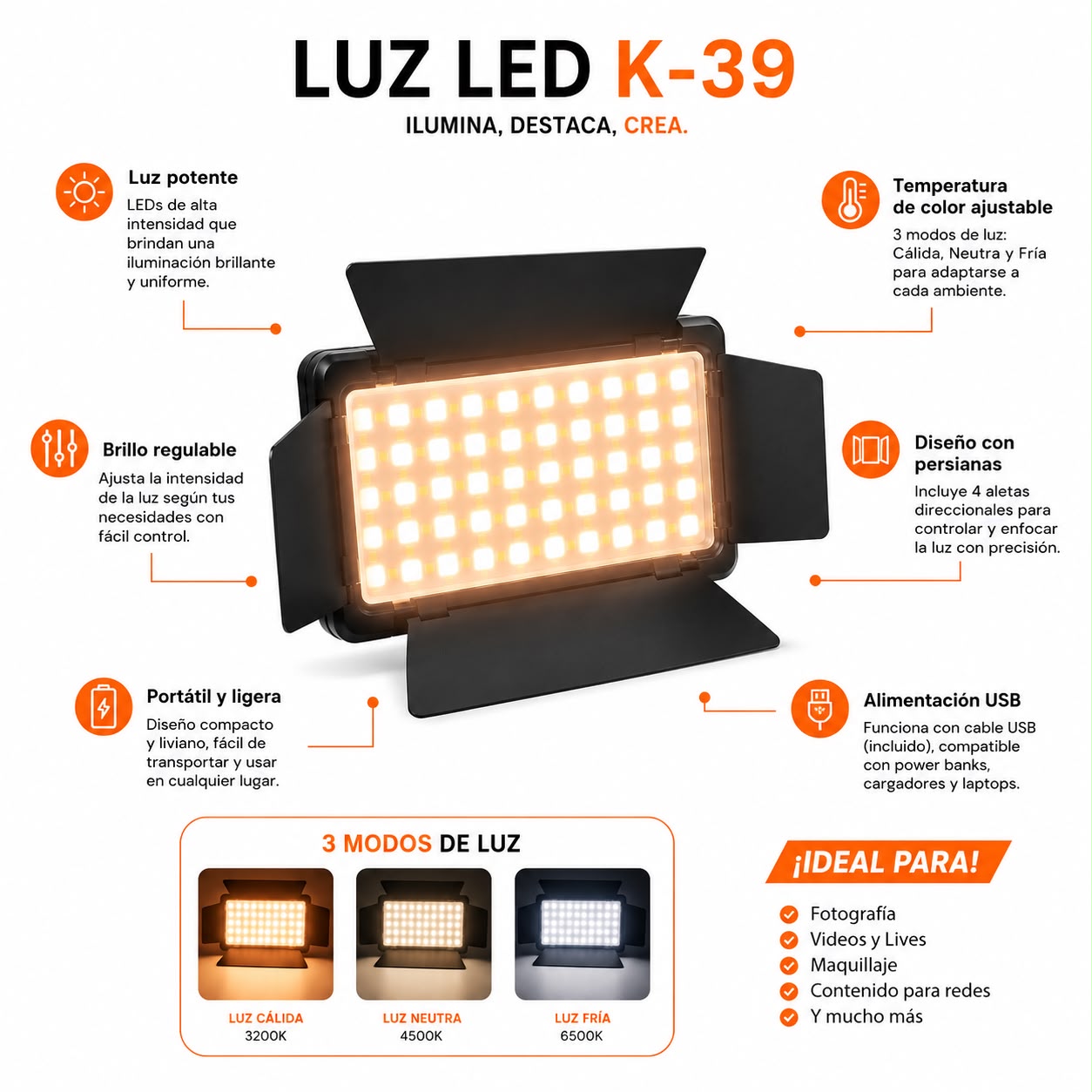 Panel De Luz Tres Tonos K39 Para Celular