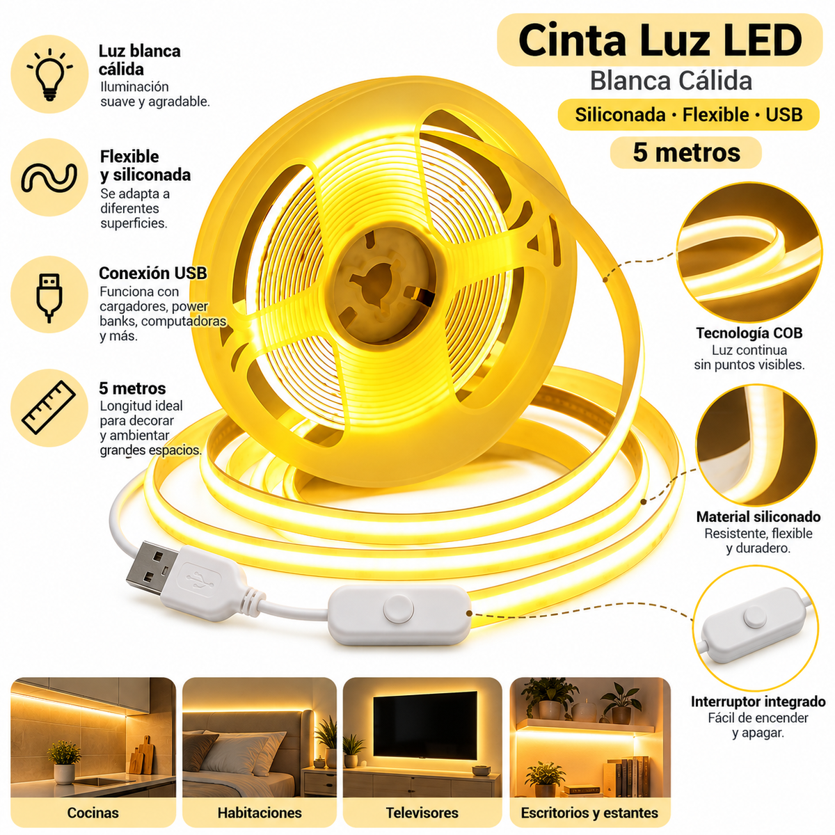 Cinta Luz Cálida Siliconada Flexible Con Usb Con 5 Metro