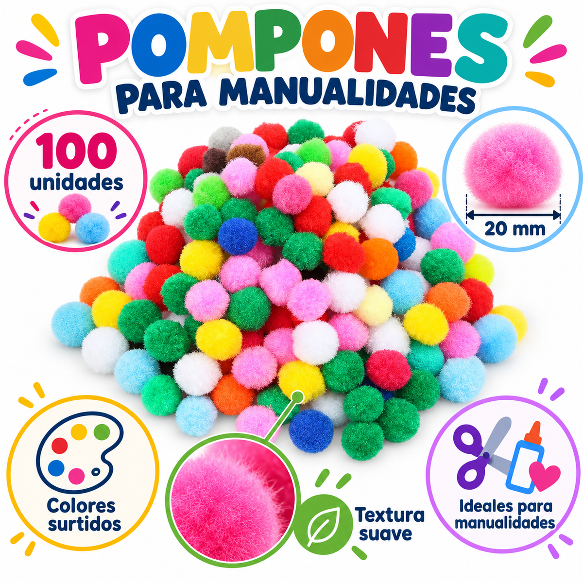 Pompones para Manualidades 20mm 100und