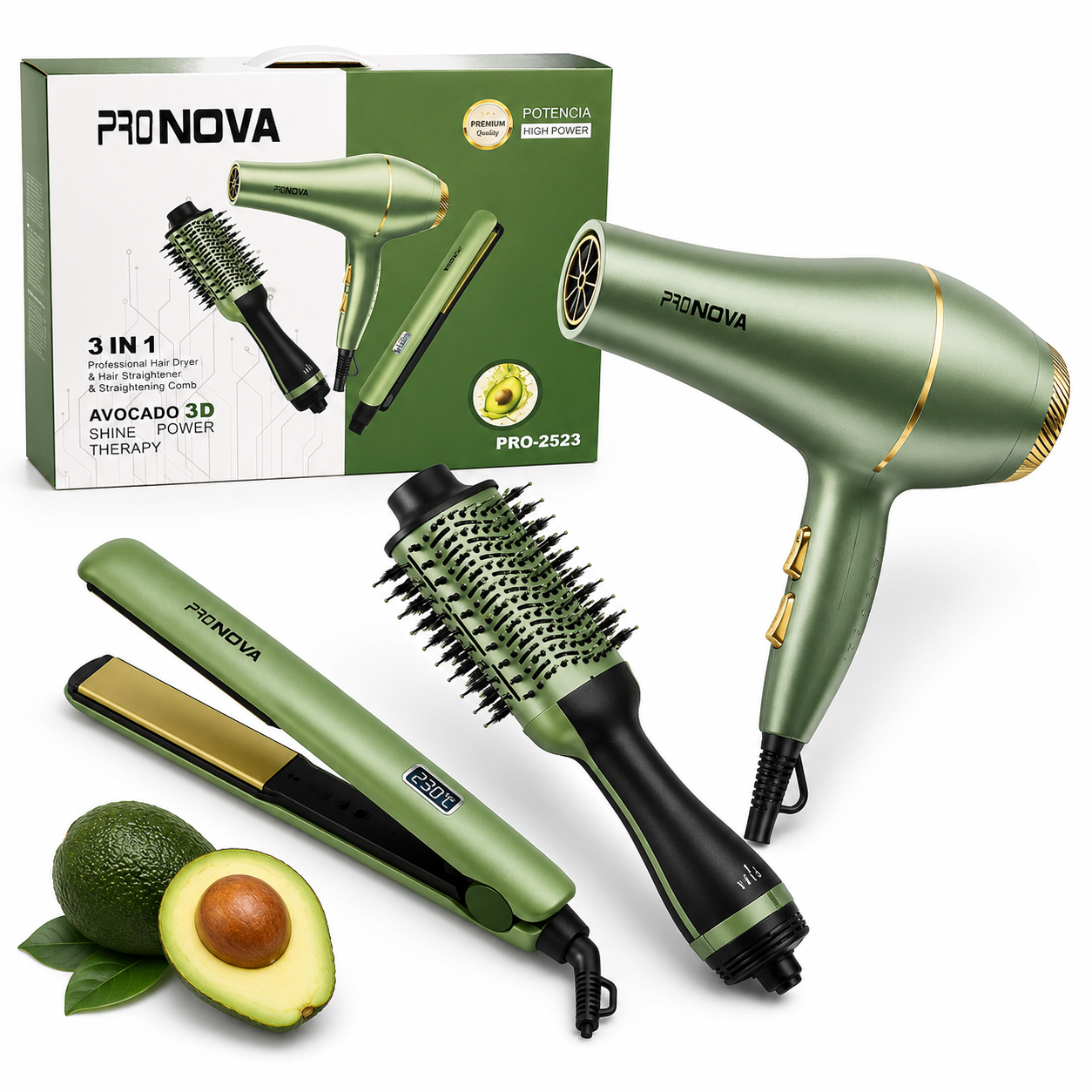 Combo plancha, secador y cepillo secador de aguacate
