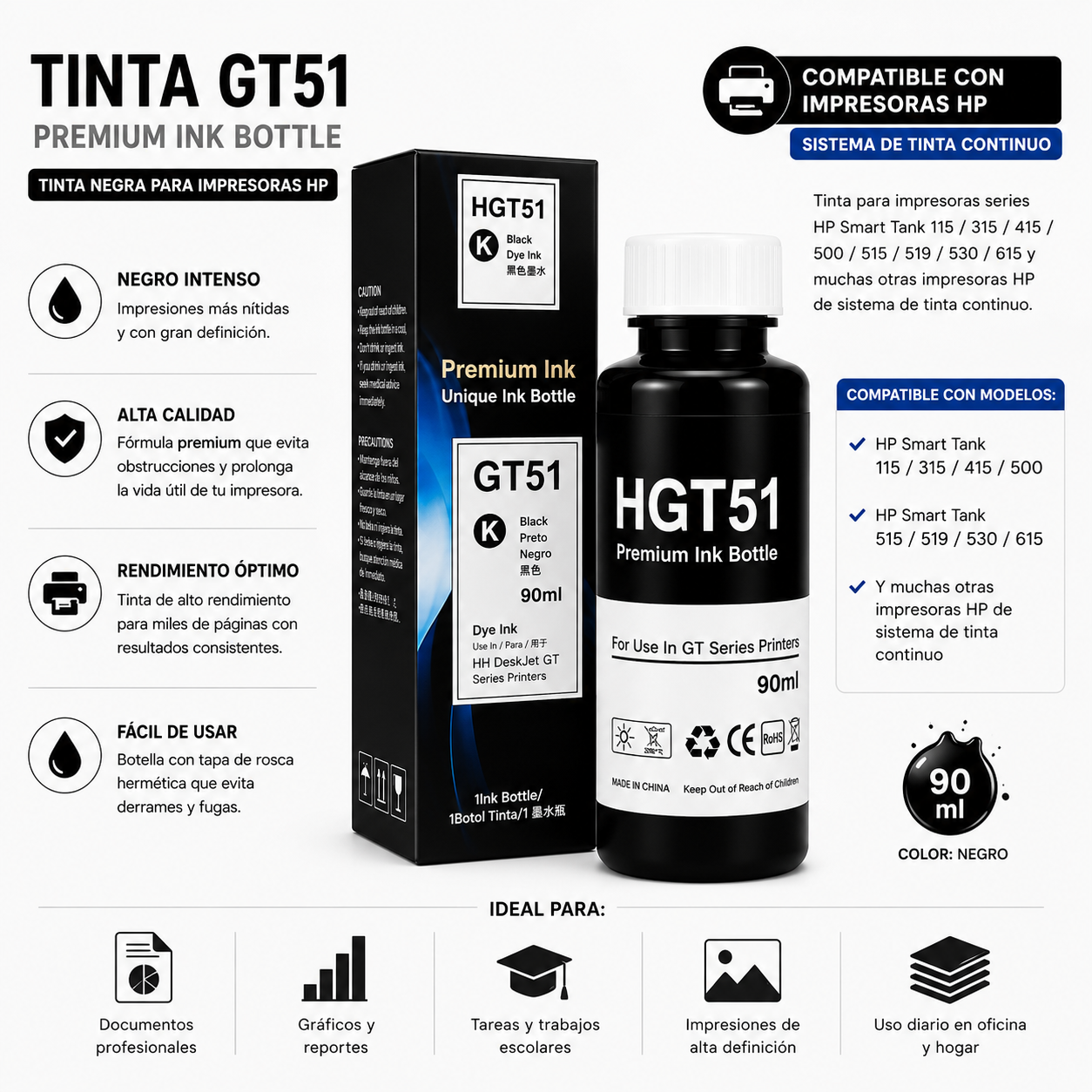 Tinta generica compatible con HP GT51(Negra) 70ml