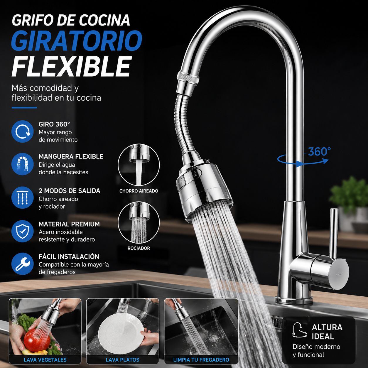 Grifo de Cocina Giratorio Flexible