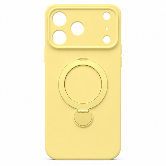 Estuche iPhone pro 18 Max amarillo con protector de cámara y soporte giratorio