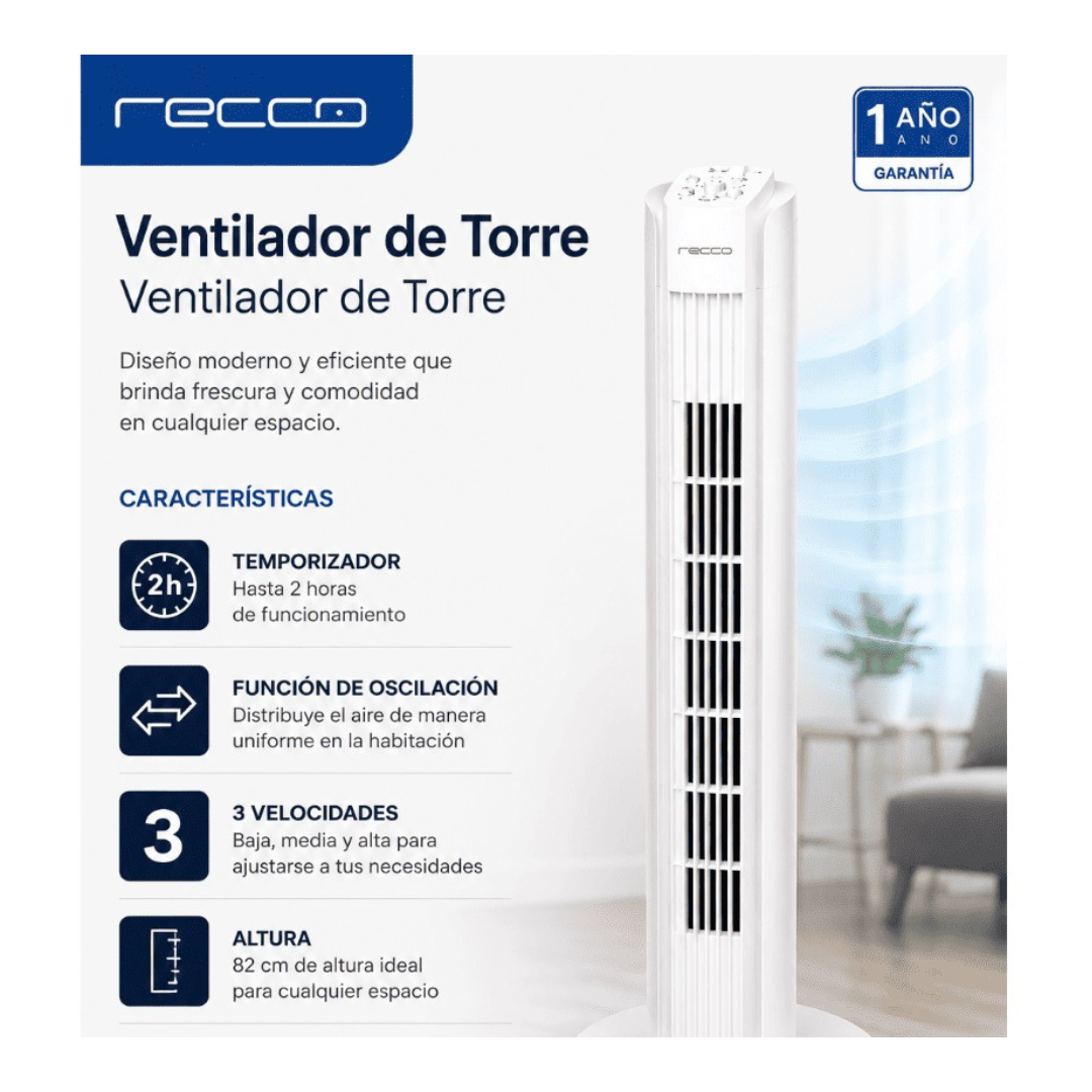 Ventilador De Torre 32" Plástico 3 Velocidades 45w