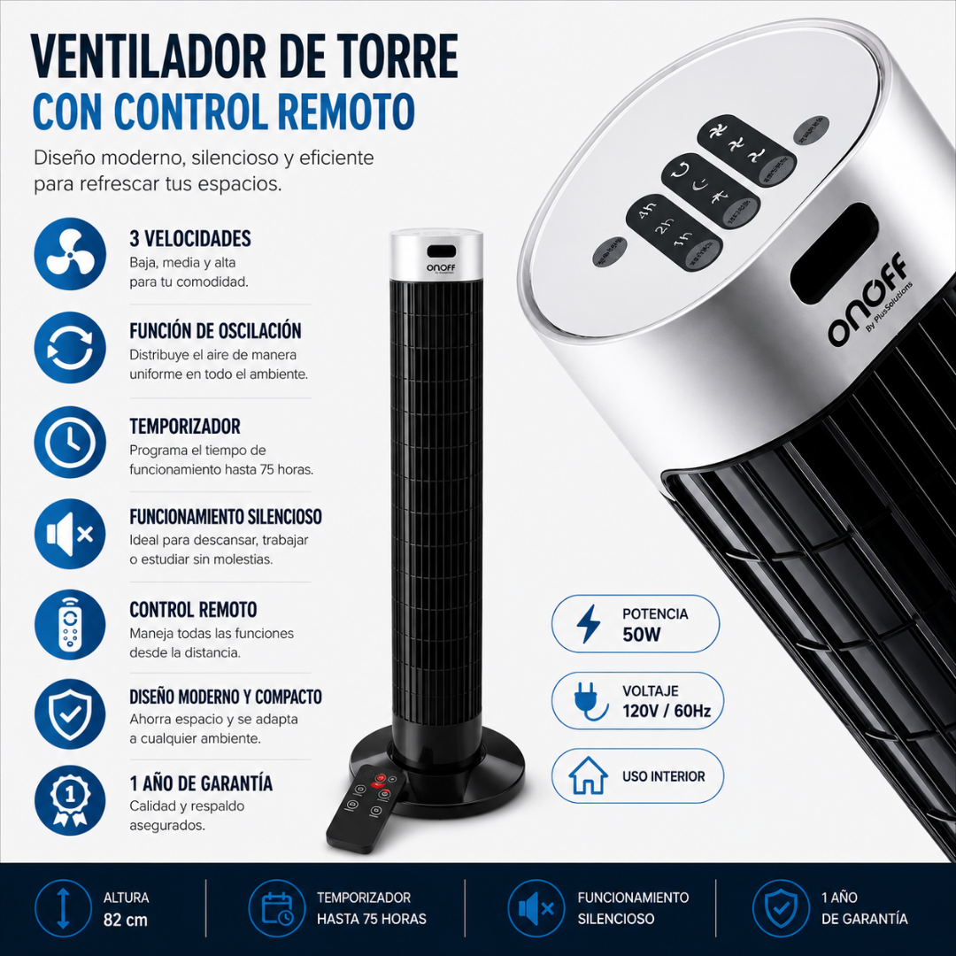 Vantilador De Torre Con Control Remoto 3 Velocidades Onoff