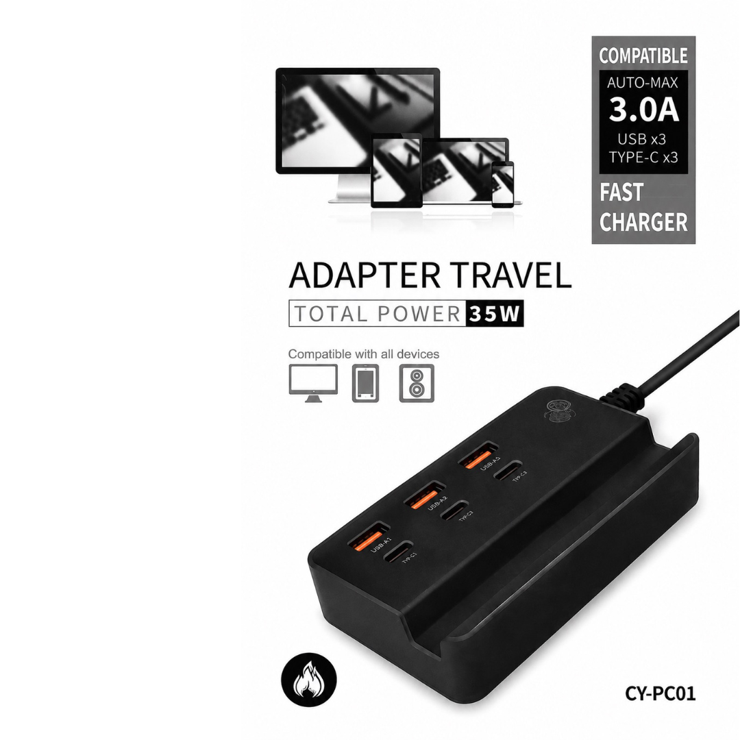 Multipuerto De Carga Punto De Carga Rápida Multitoma 35w 3 Usb Y 3 Tipo C