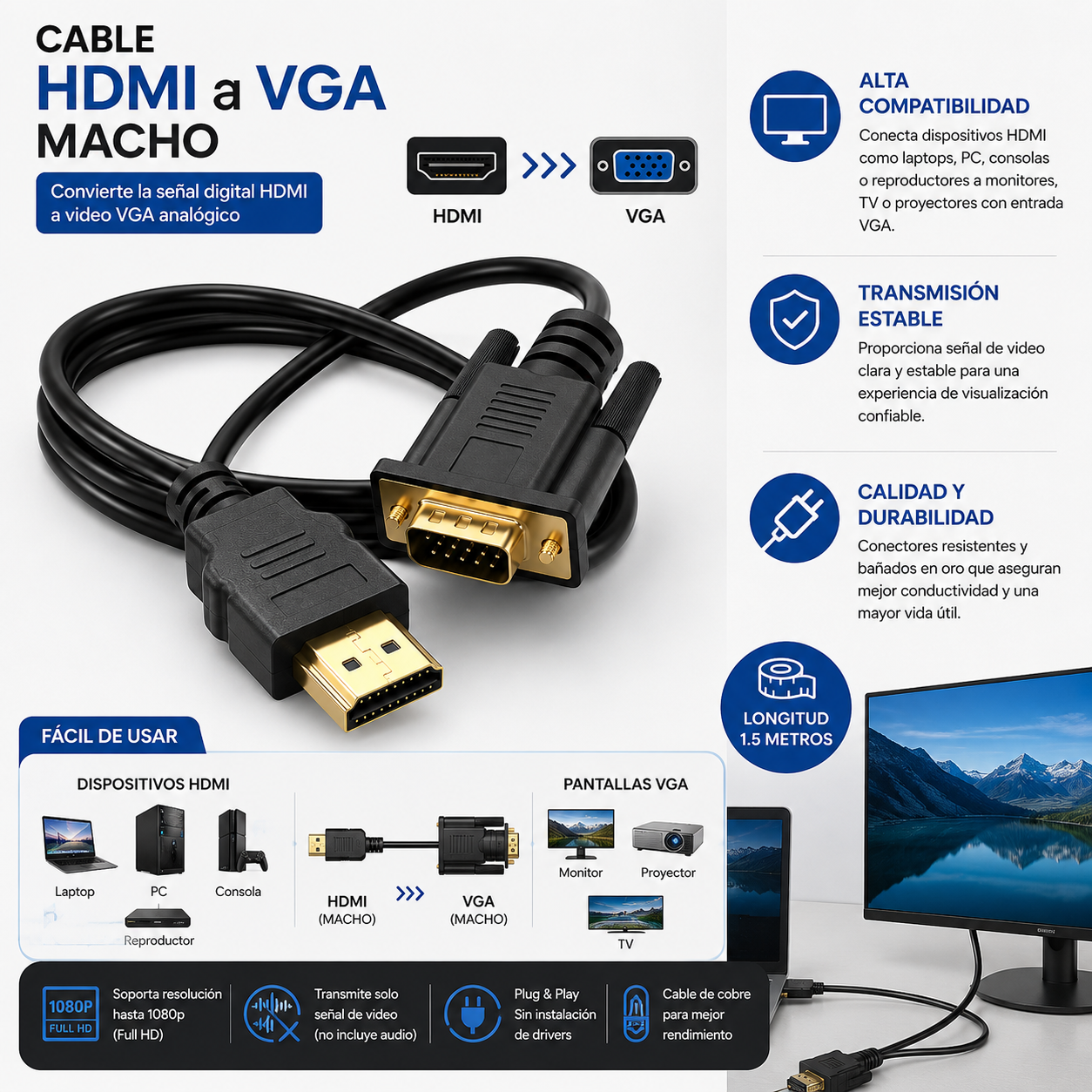 Cable HDMI a VGA Macho