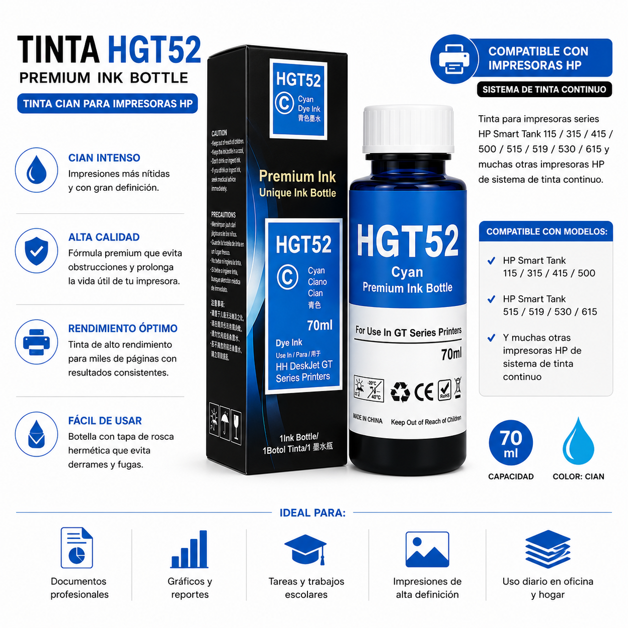 Tinta generica compatible con HP GT52(azul) 70ml