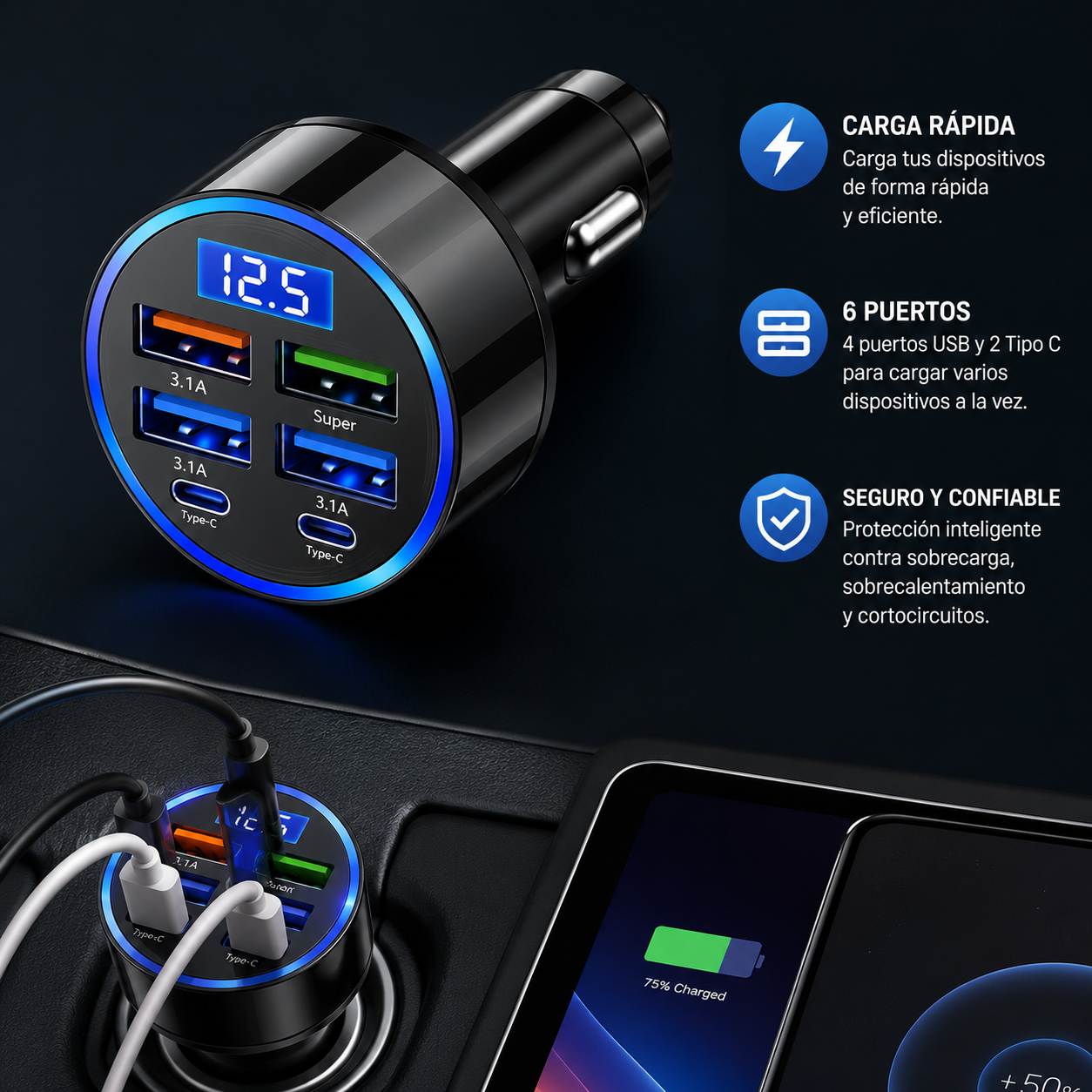 Cargador para Carro Carga Rápida 6 Puertos