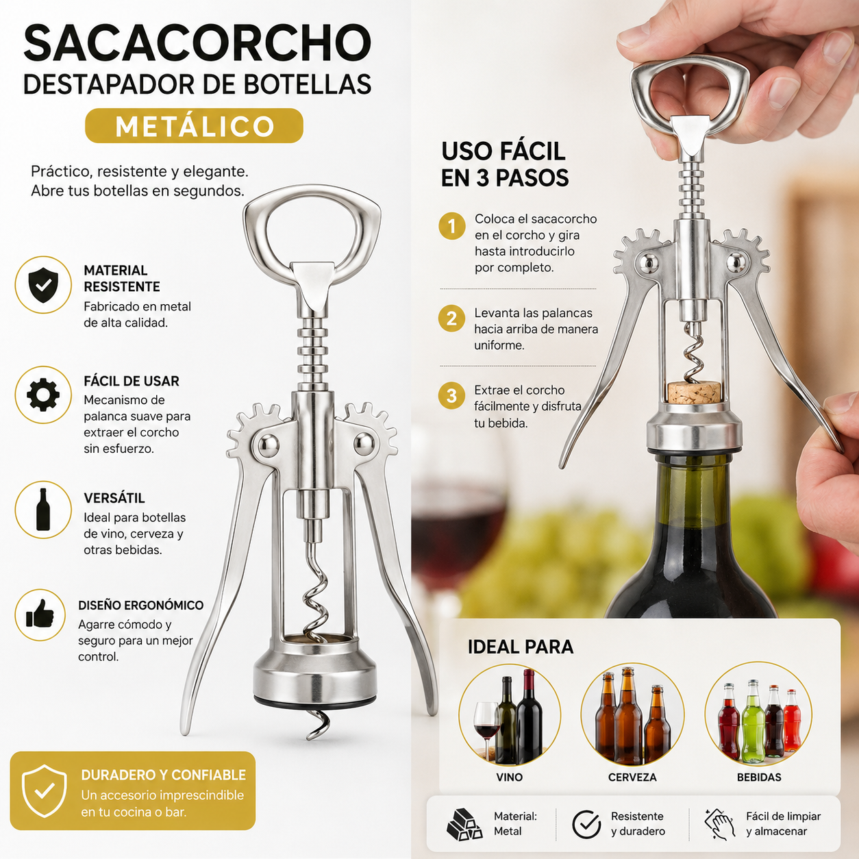 Sacacorcho Destapador de Botellas Metálico