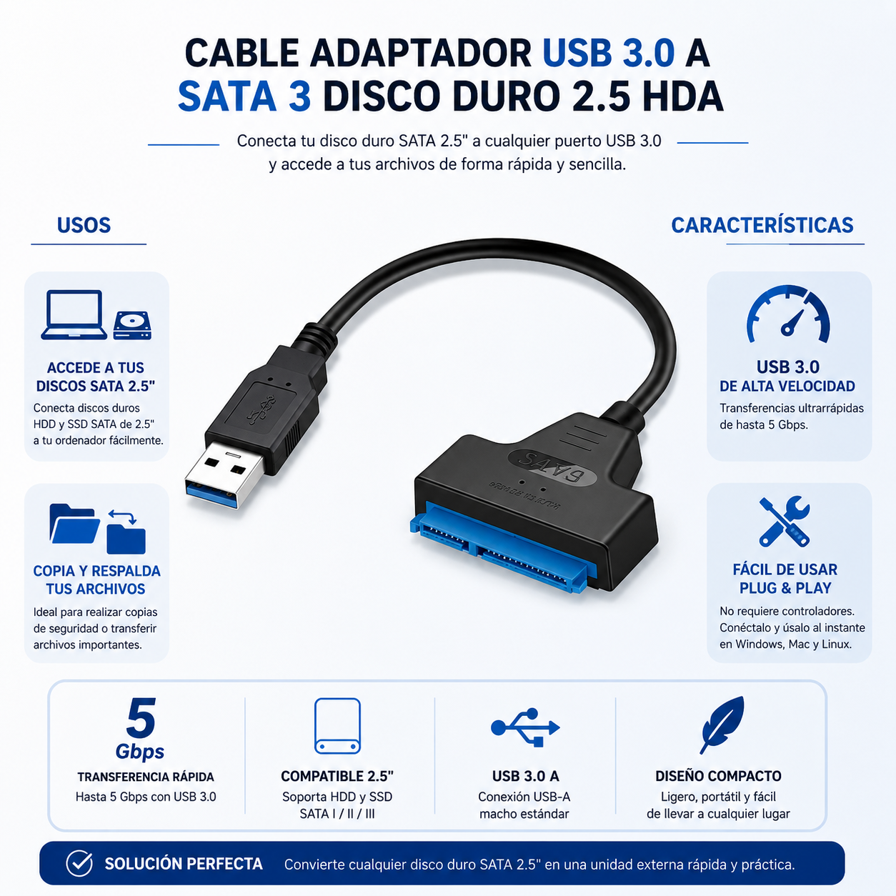Cable Adaptador Usb 3.0 A Sata 3 Disco Duro 2.5 Hda