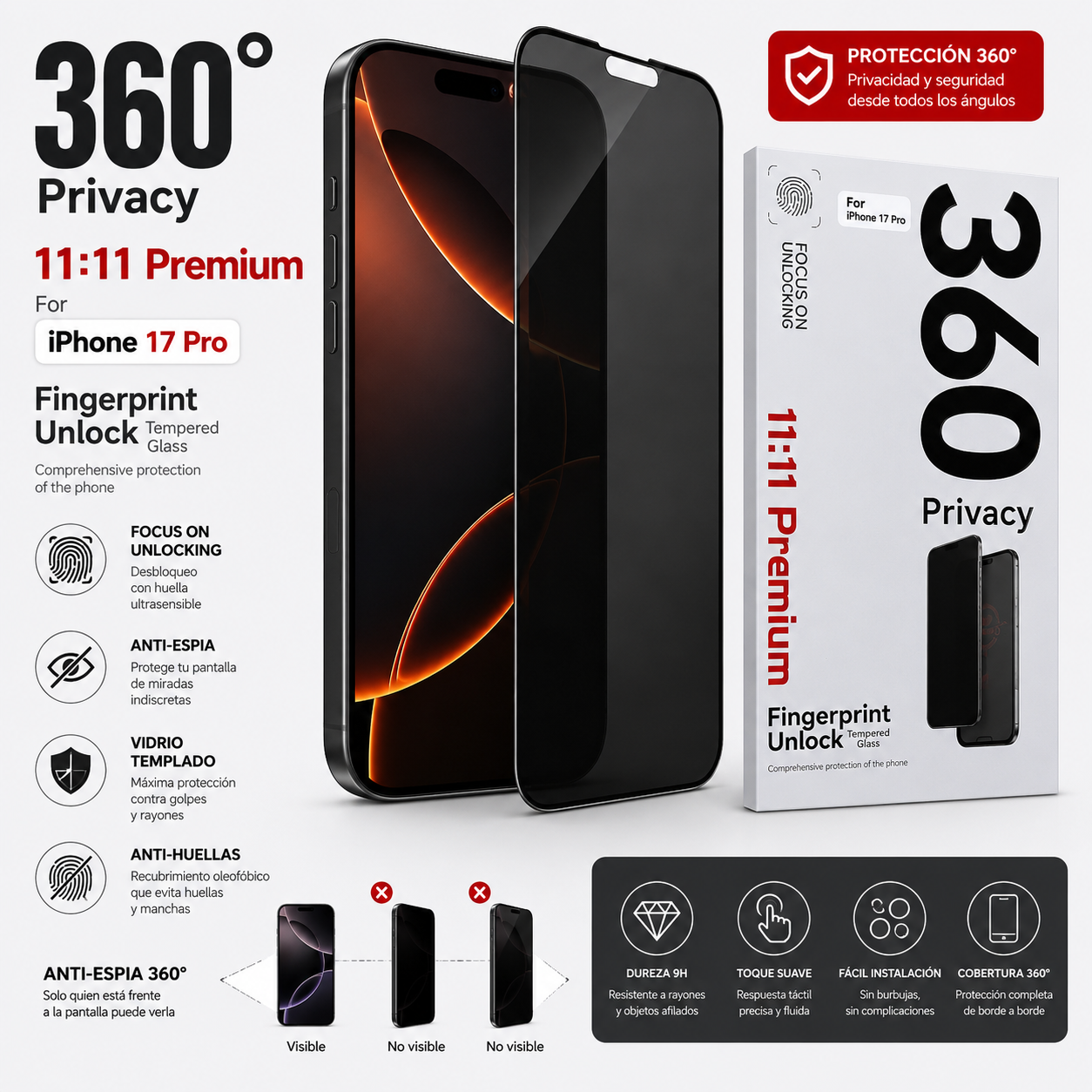 Vidrio Antiespia Templado IPhone 17 Pro Antihuellas 360