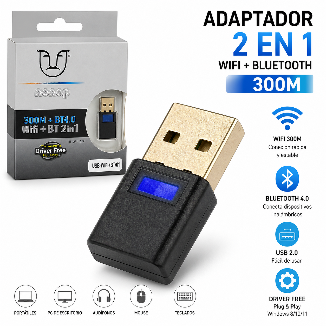 Adaptador Receptor Wifi Y Bluetooth 2 en 1 300m