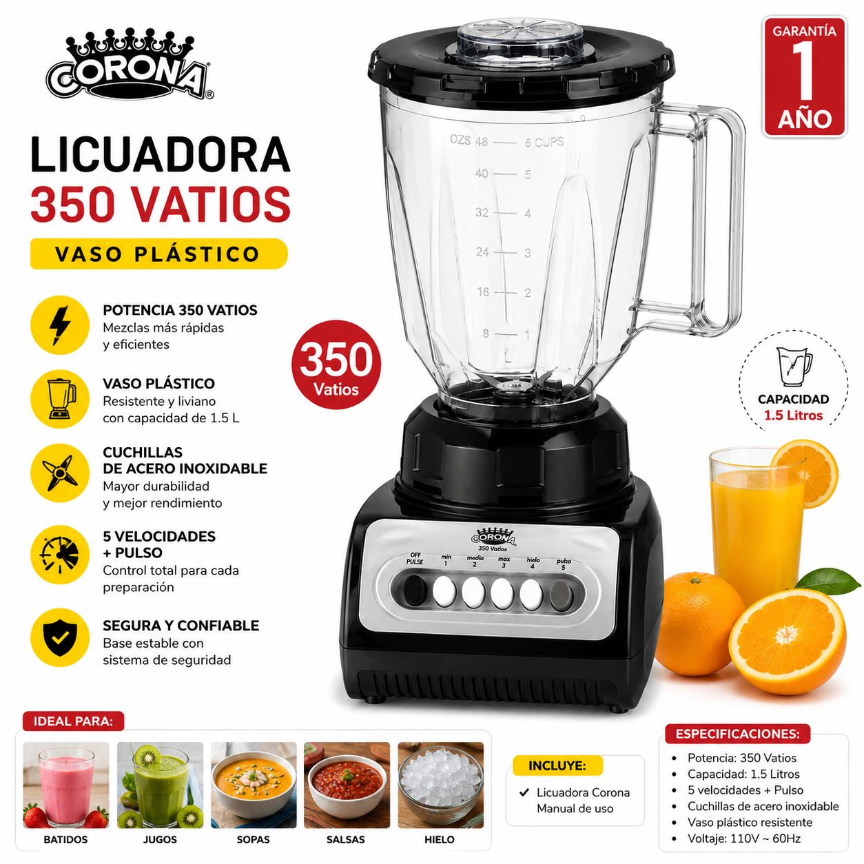 Licuadora corona 350V vaso plástico
