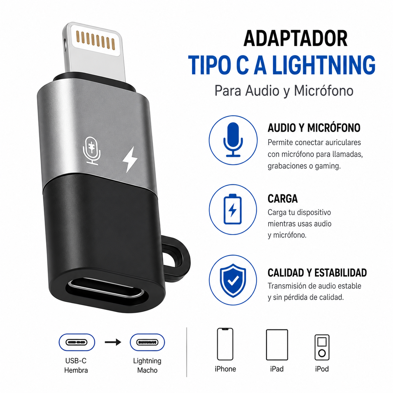 Adaptador tipo c a lightning para Audio y Micrófono