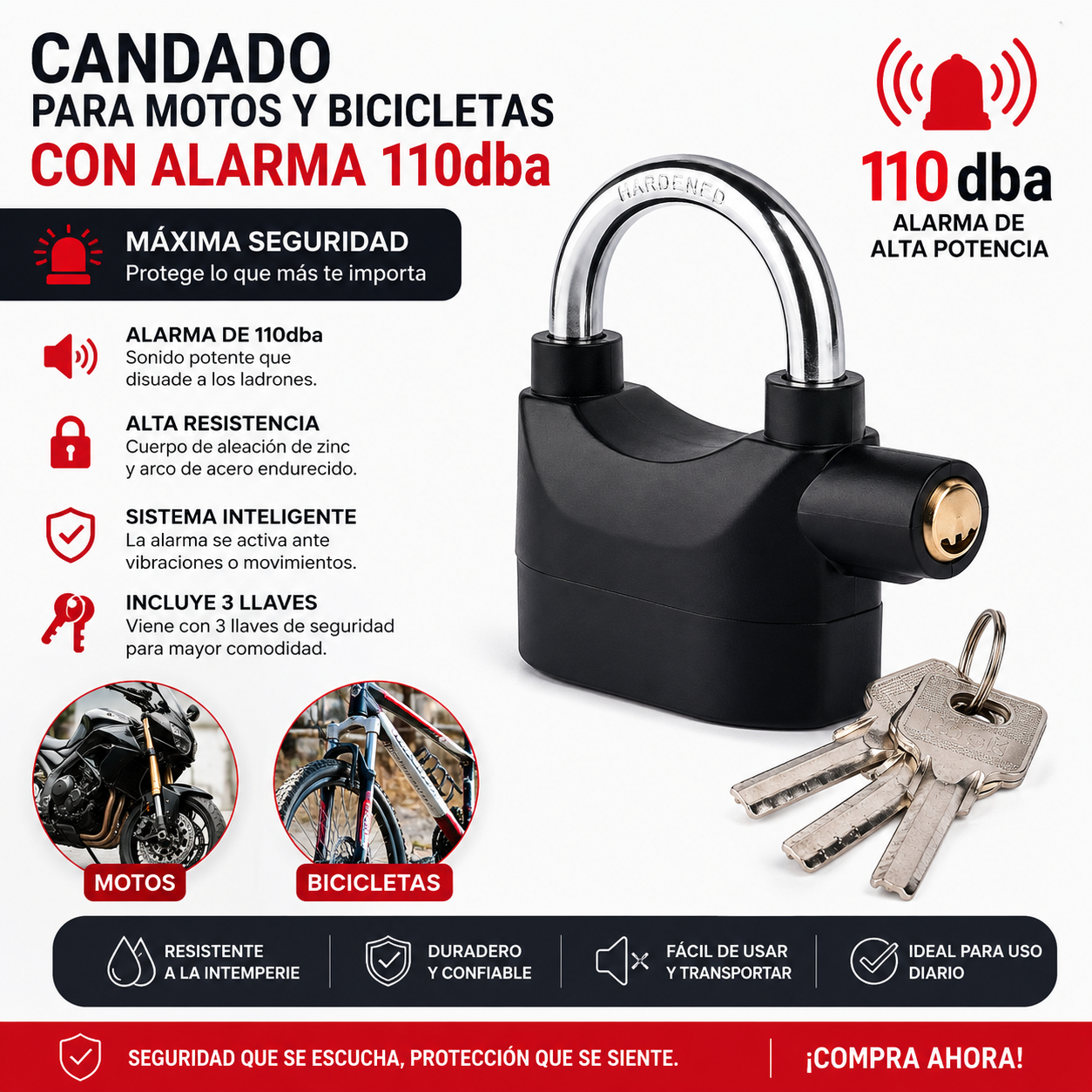 Candado para Motos y Bicicletas con Alarma 110dba