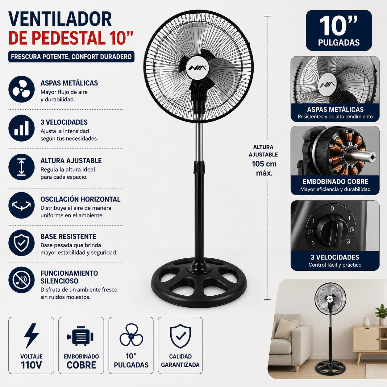 *VENTILADOR 10”   aspas metálicos  10" Voltaje 110v Embobinado cobre