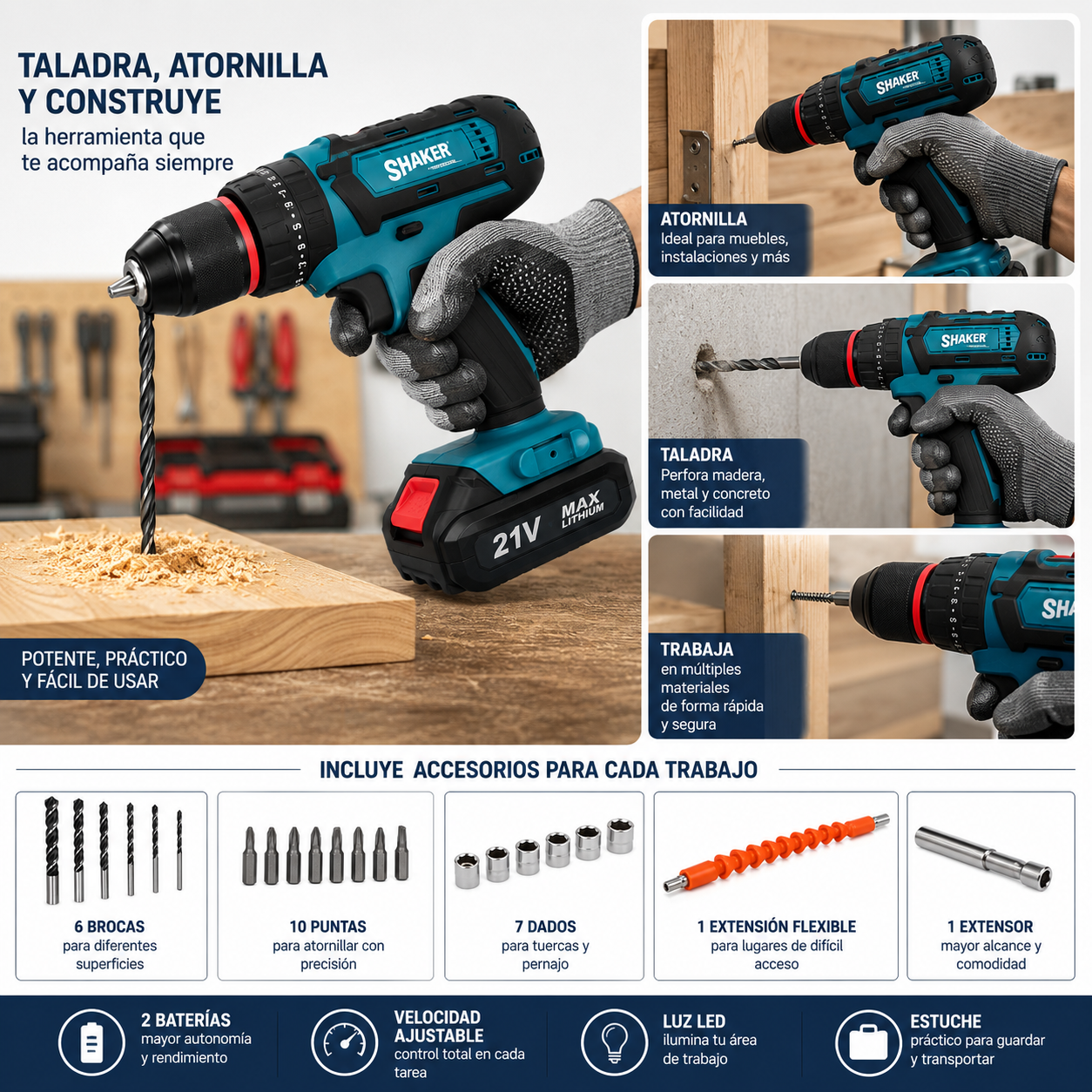 Taladro Inalámbrico 2 Baterías con Accesorios