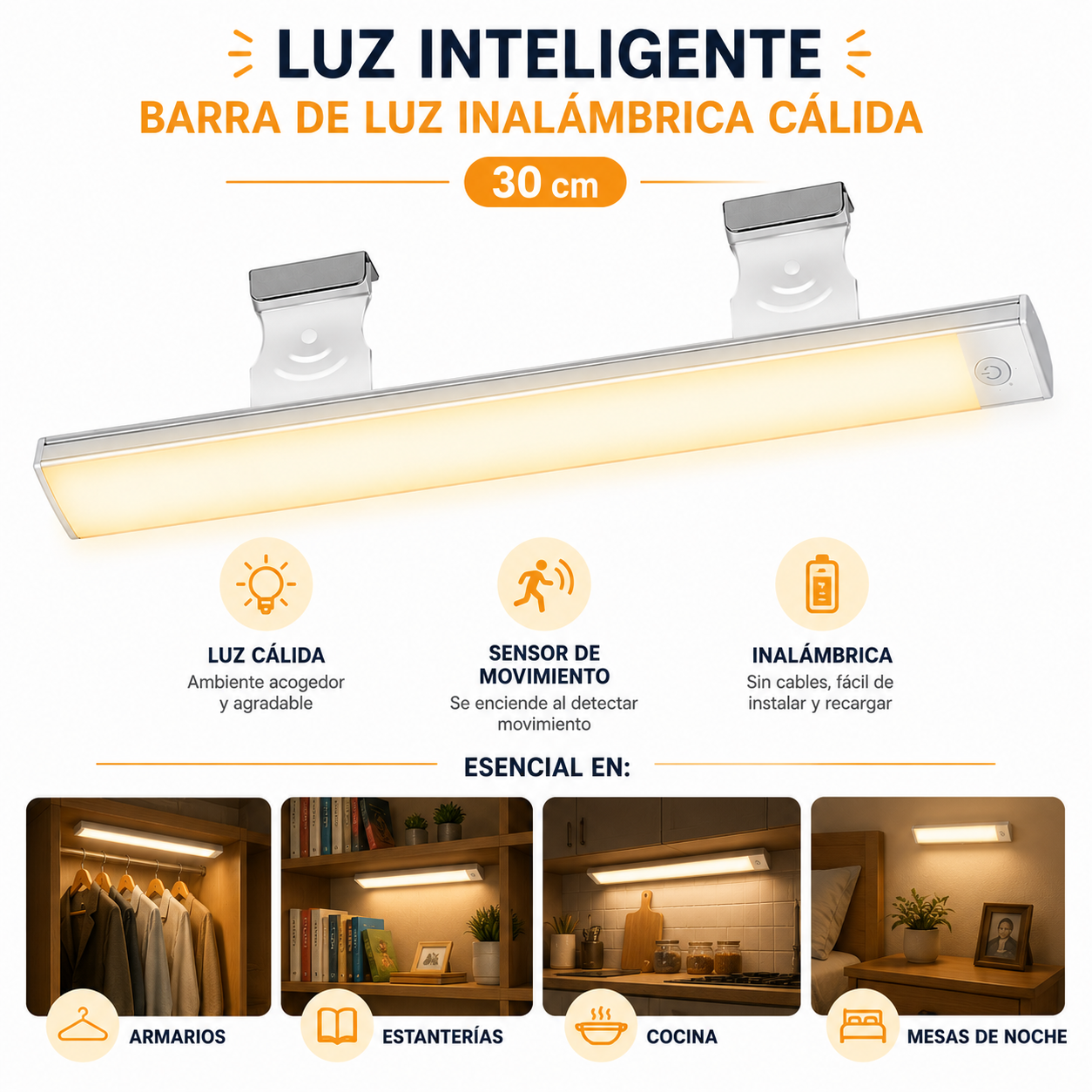 Luz Inteligente con Sensor Barra de Luz Inalámbrica Cálida 30cm
