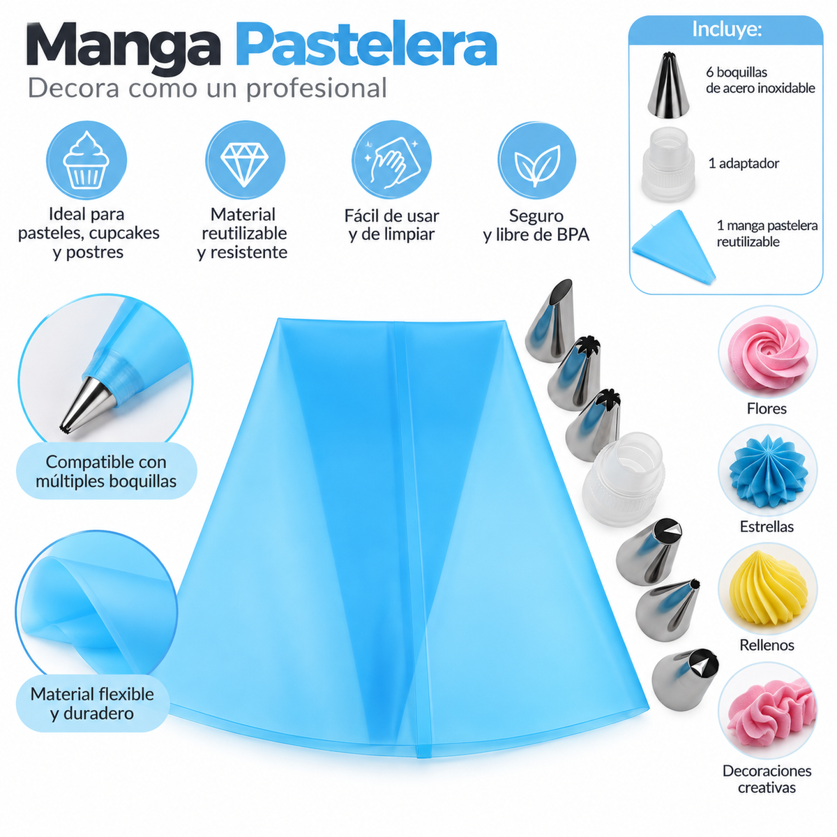 Juego De Manga Pastelera Con Boquillas De Acero Inoxidable