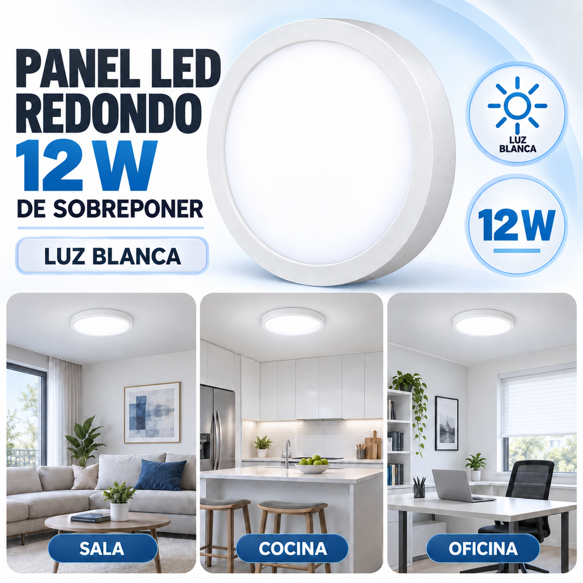 Panel Led 12W Redondo Sobreponer Luz Blanca