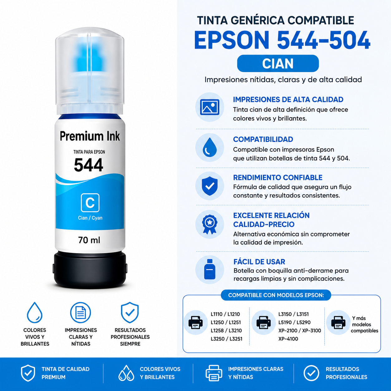 Tinta generica compatible con Epson 544-504 azul 70 ml