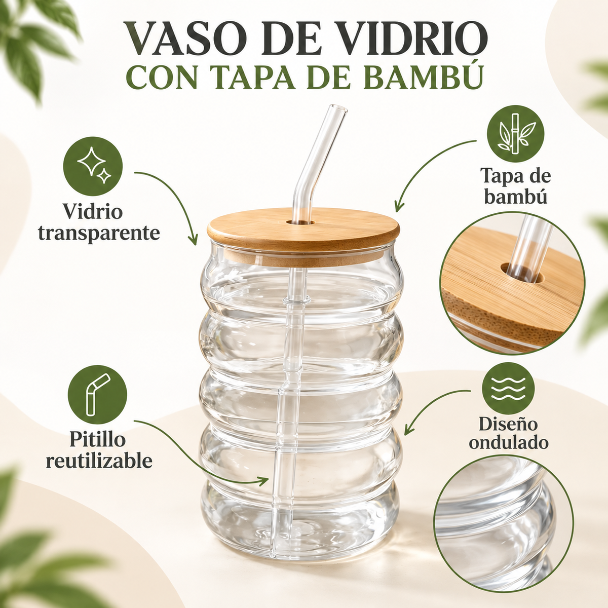 Vaso Pitillo de Vidrio Tapa Bambú