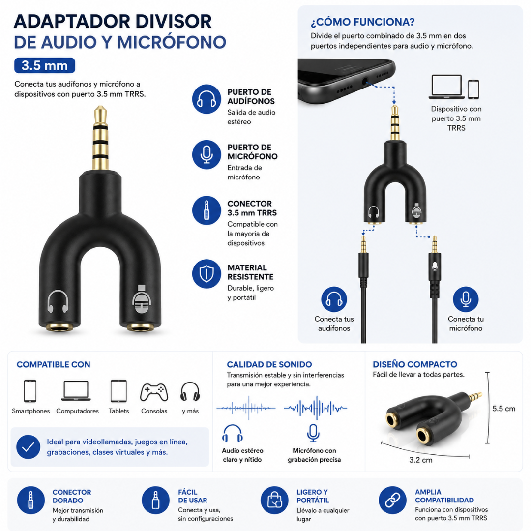 Adaptador divisor de audio y micrófono 3.5 mm