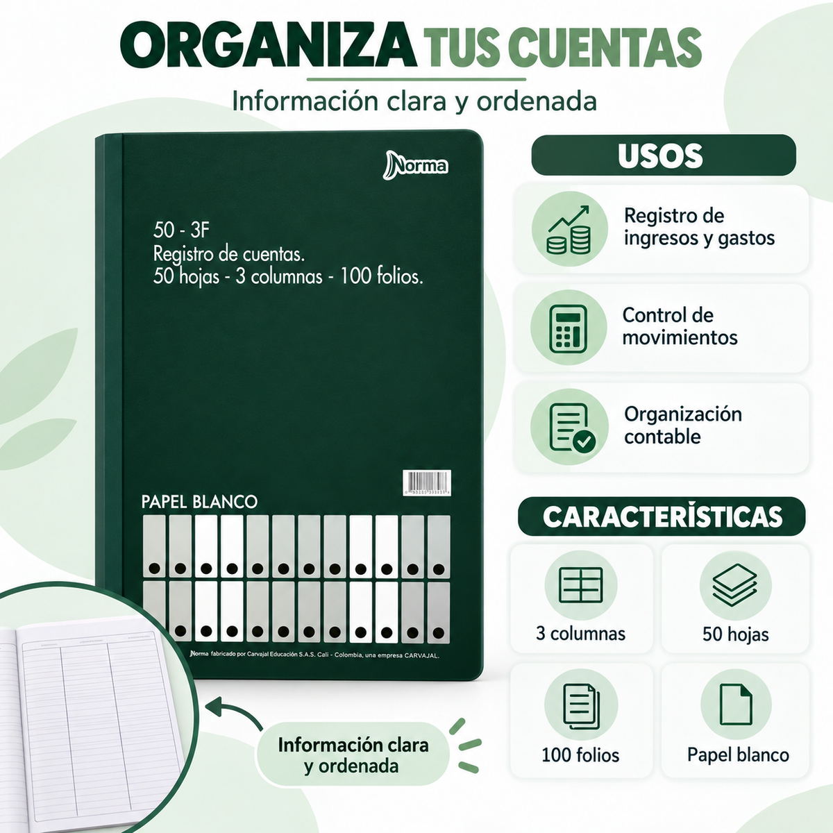 Libro de Contabilidad 3 Columnas 100 Folios Norma